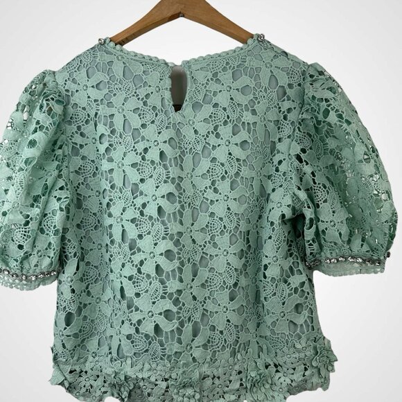 Ladies Full Lace Blouse Size L Green Puff Sleeves V-Neck Rhinestone applications - Picture 6 of 14
